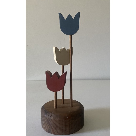 Handmade Other - VTG Hand Made Folk Art Wooden Tulips Spring Decor Free Standing Red White Blue